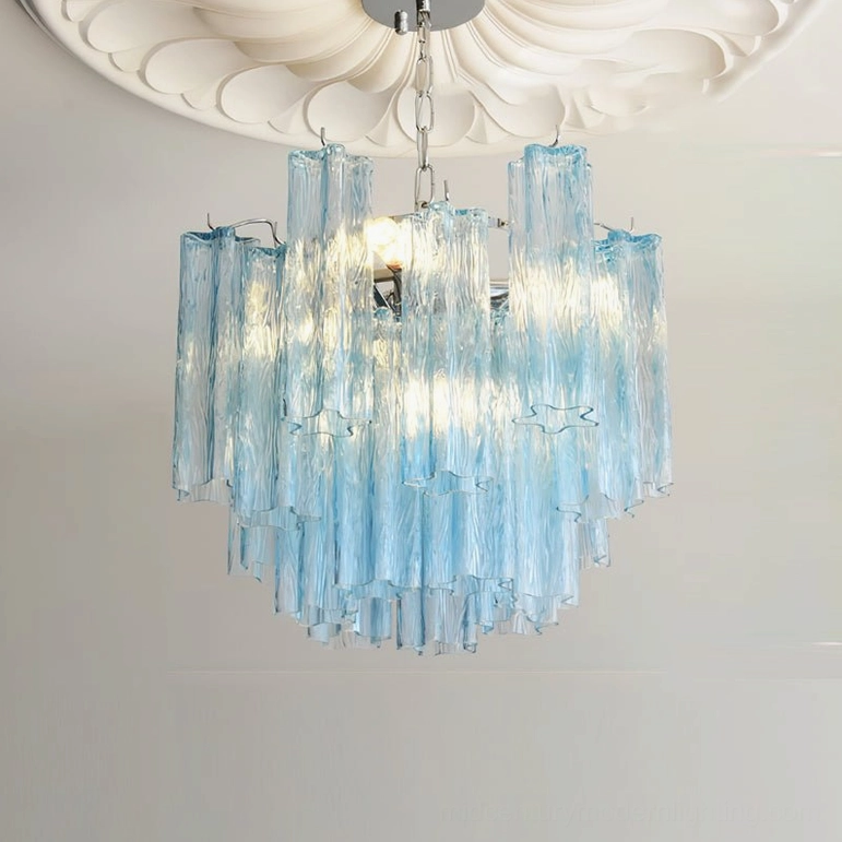 Gabriella tiered glass chandelier light pink option in contemporary residential space with botanical styling