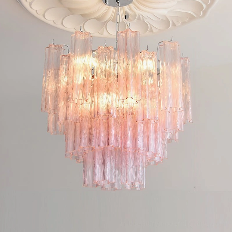 Gabriella tiered glass chandelier light pink blush tone in sophisticated master bedroom setting