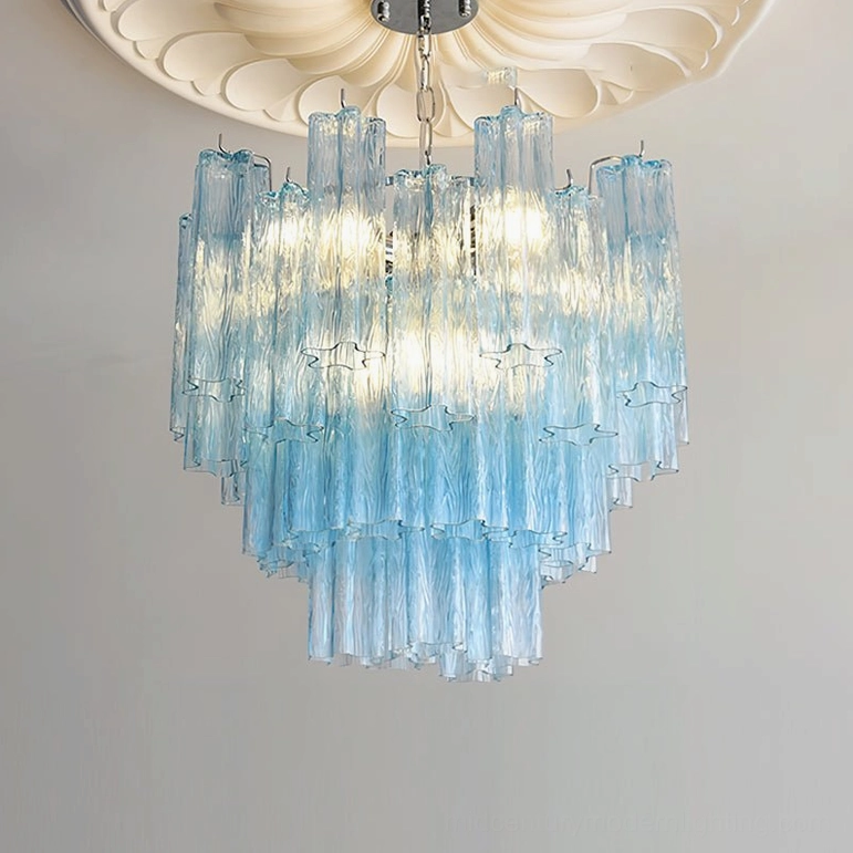 Gabriella tiered glass chandelier medium size installation in residential bedroom with elegant lighting