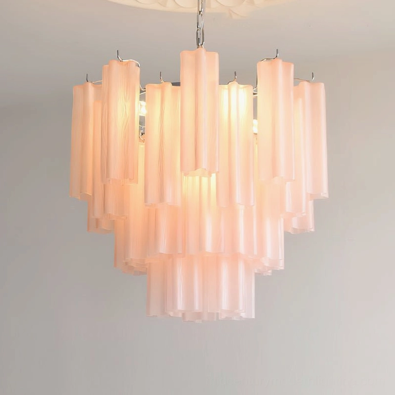 Gabriella tiered glass chandelier pink option in French-inspired interior with vintage glamour elements