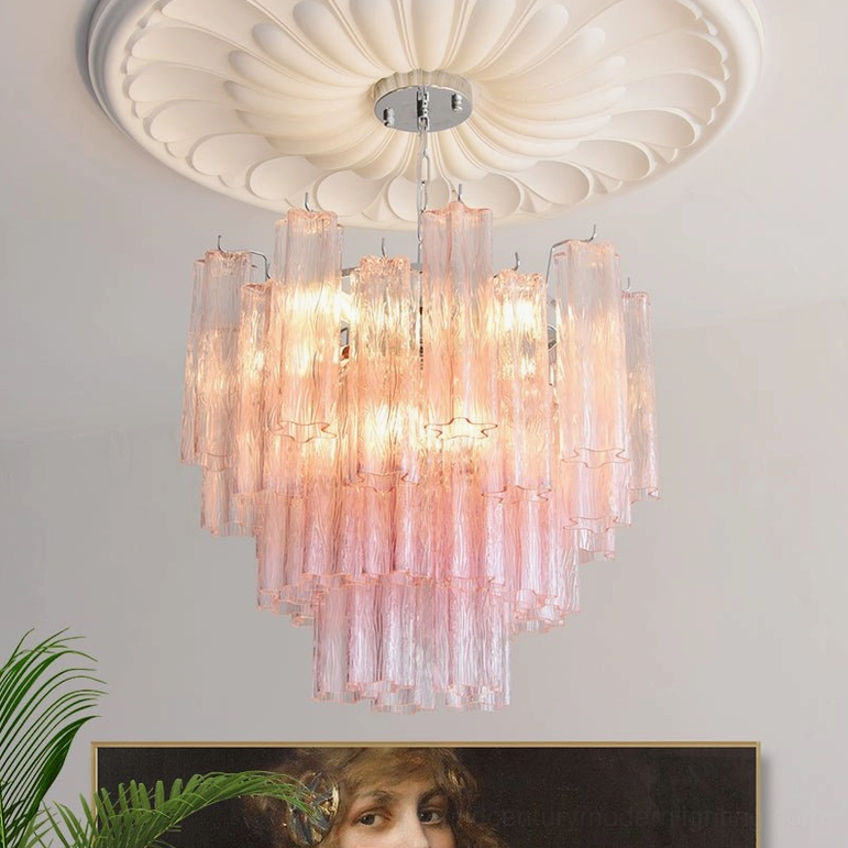 Gabriella pink tiered glass chandelier installed in elegant living room with ceiling medallion and botanical décor