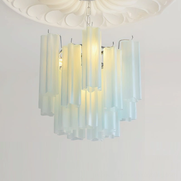 Gabriella tiered glass chandelier Tiffany blue variant in luxury foyer with neoclassical aesthetics
