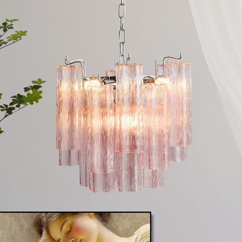 Close-up detail of Gabriella tiered glass chandelier with gradient pink finish and fluted glass layers