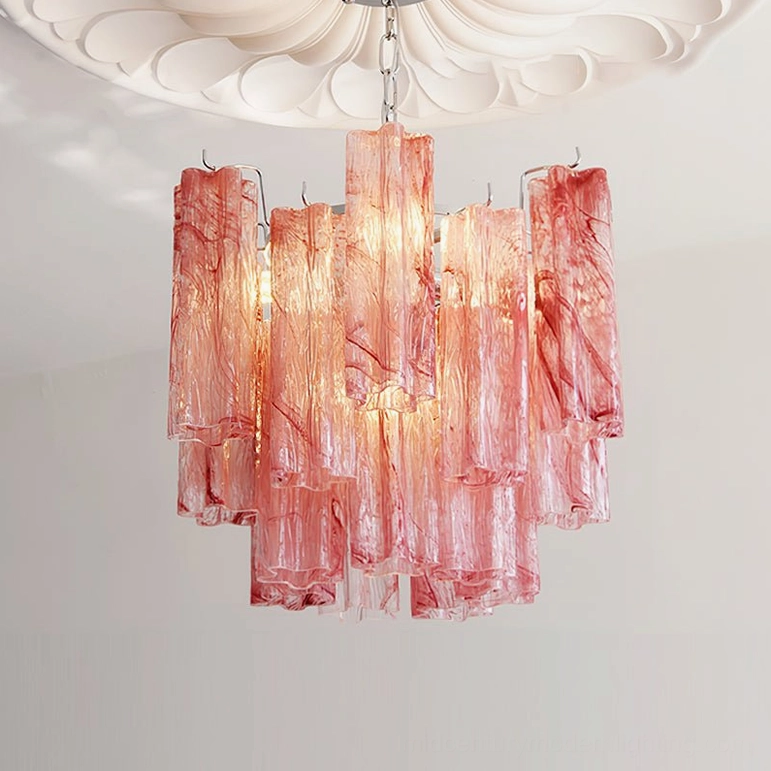 Gabriella tiered glass chandelier side angle showing glass layer depth and chrome hardware construction