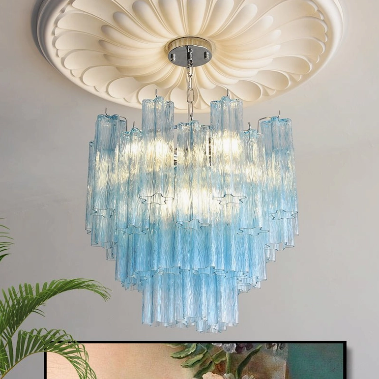 Gabriella tiered glass chandelier full frontal view showing cascading glass strip design and light diffusion