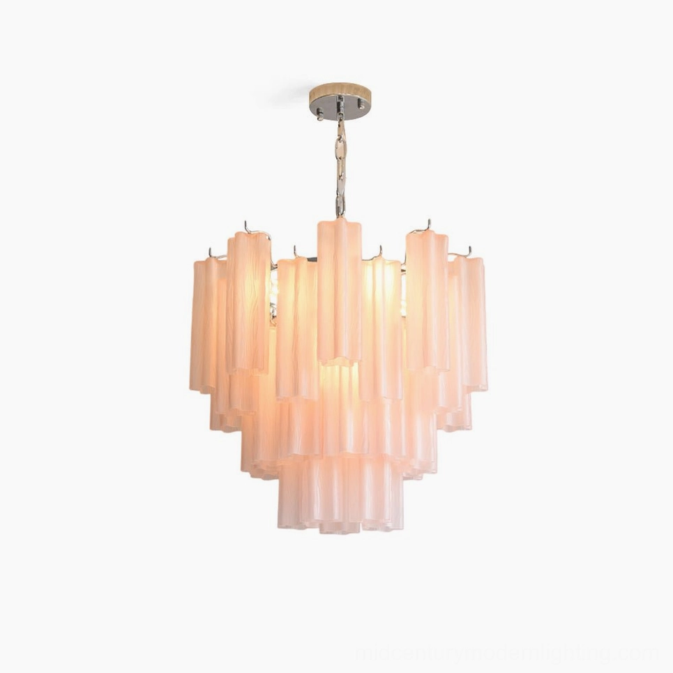 Gabriella tiered glass chandelier with cascading pink fluted glass strips and polished chrome hardware on white studio background