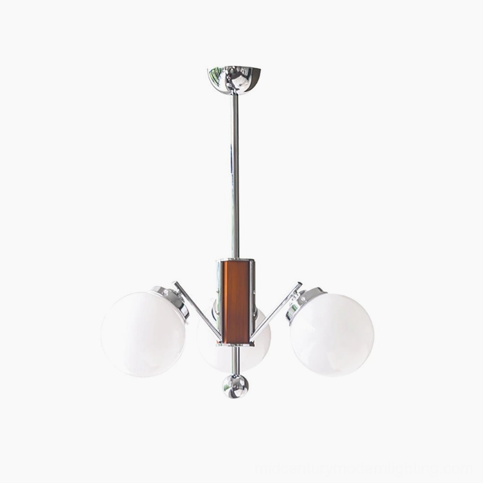 3-head Gaetano sputnik chandelier in walnut color and chrome finish, mid-century modern pendant lighting fixture