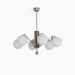 Gaetano mid-century modern sputnik chandelier with 7 glass pendant lights in walnut and chrome finish, studio product shot