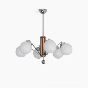 Gaetano mid-century modern sputnik chandelier with 7 glass pendant lights in walnut and chrome finish, studio product shot
