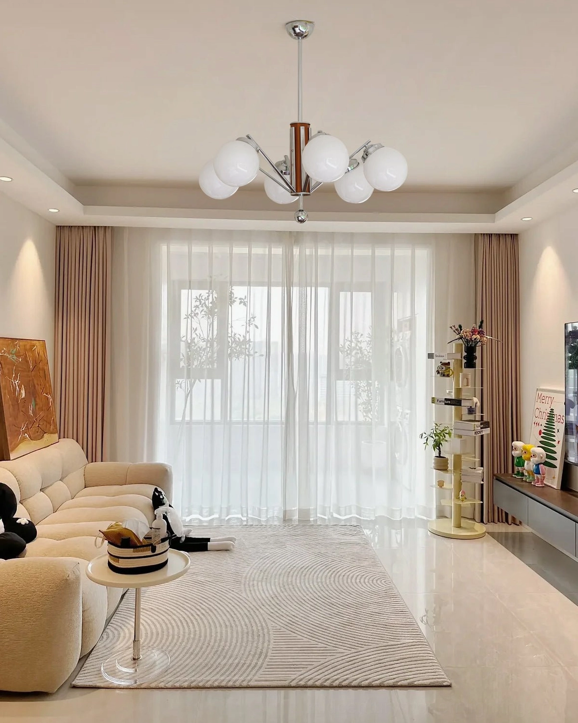 Gaetano sputnik chandelier ceiling view in bright minimalist living room, matching beige curtains and light wood furniture