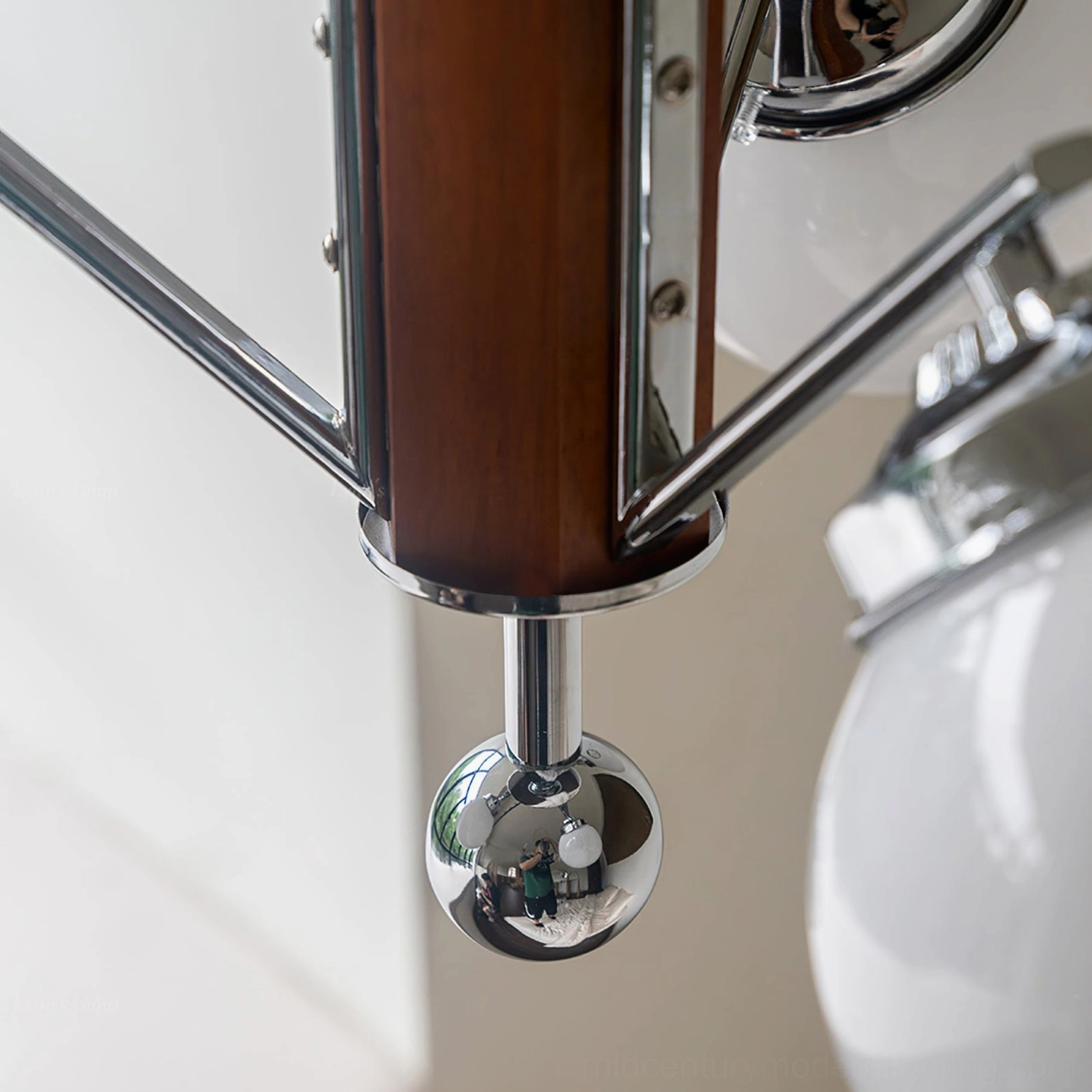 Gaetano mid-century modern sputnik chandelier central joint featuring solid walnut wood column and chrome mounting hardware