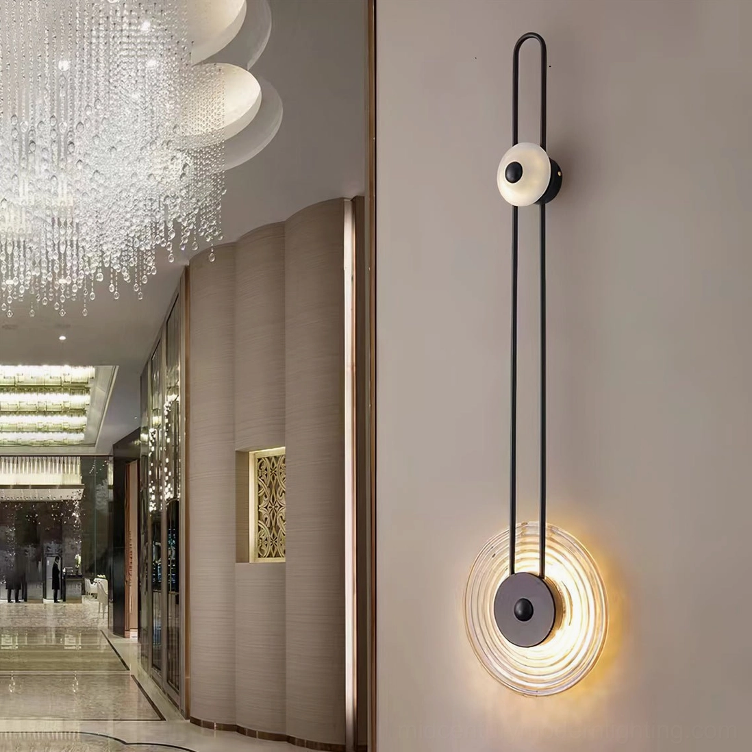 Gaia minimalist black wall lamp with frosted round light panel hotel lobby
