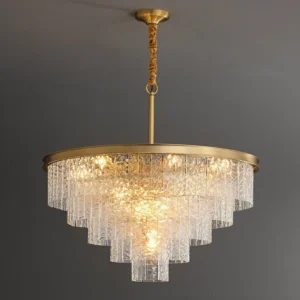 Gaia round chandelier side close-up showing twisted brass rod and textured glass layers