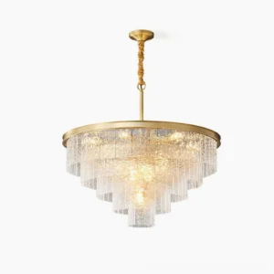 Gaia tiered glass chandelier with brass frame frontal view modern luxury pendant lighting