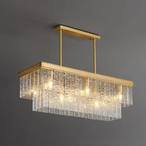 Gaia glass pendant chandelier three-quarter side angle, showcasing layered tiered design and warm ambient lighting
