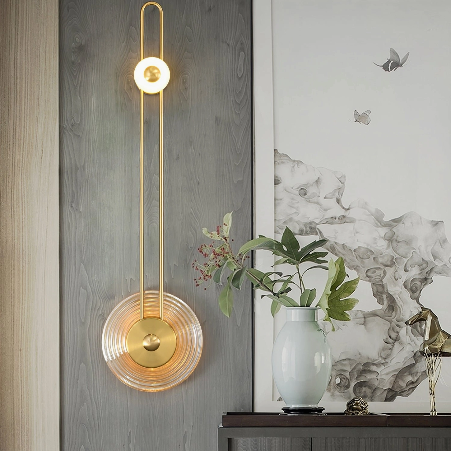 Gaia brass copper wall sconce with ribbed glass diffuser living room