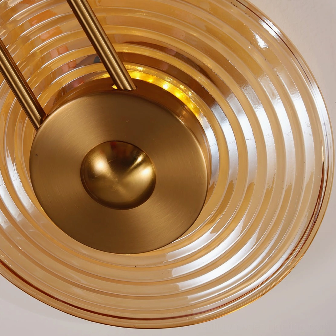Gaia amber ribbed glass shade with brass hardware light transmission detail