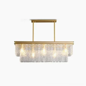 Gaia tiered glass chandelier with brass frame and rippled glass panels, front view with warm glowing bulbs