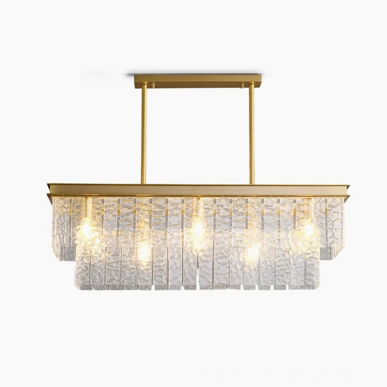 Gaia chandelier full product view on neutral background displaying rippled glass panels and warm glowing bulbs