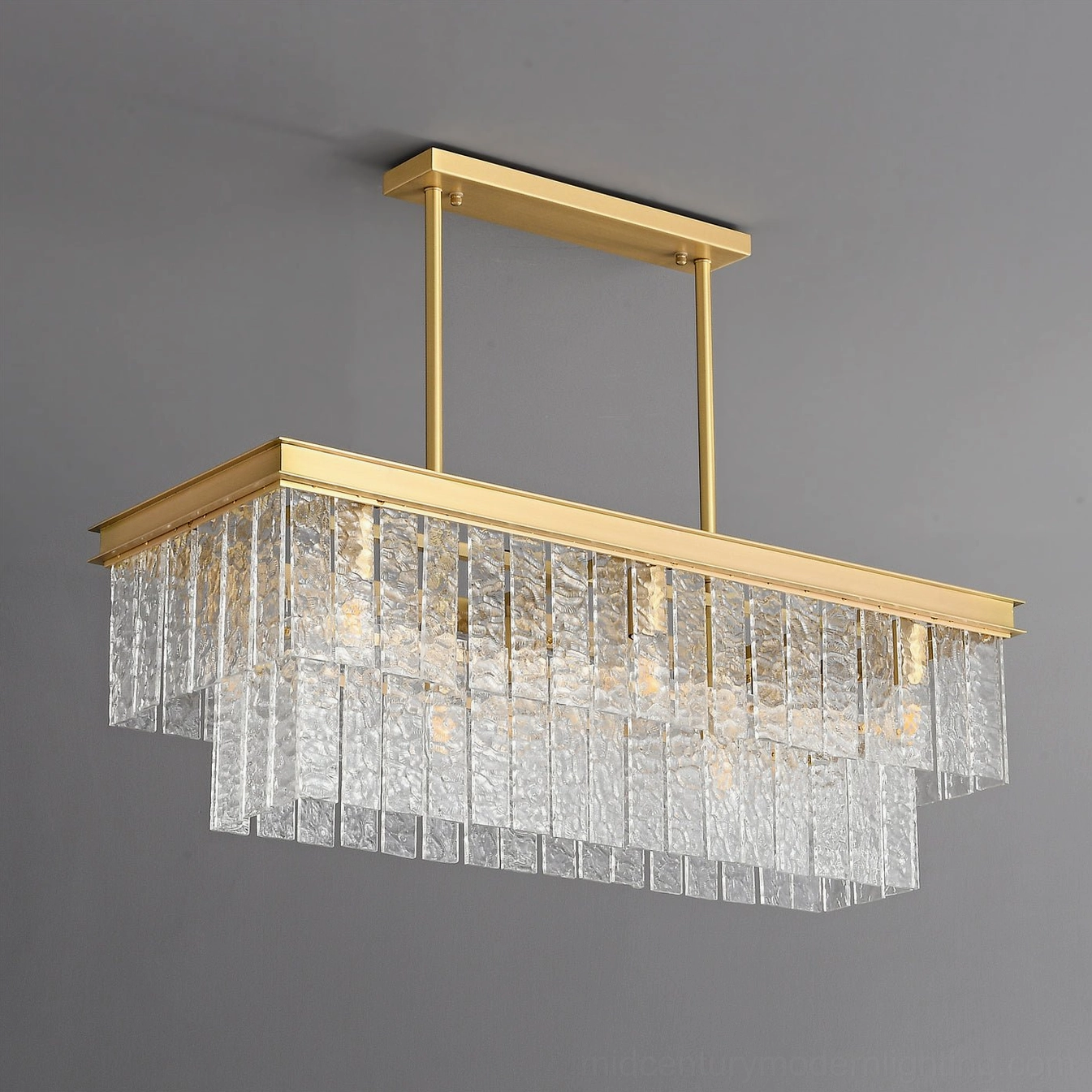 Gaia two-tiered chandelier complete side profile view revealing brass hardware and glass construction