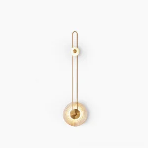 Gaia geometric wall sconce front view copper and black finish with amber glass disc