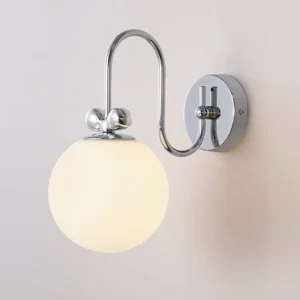 Close-up detail of Galaxy Lux wall lamp showing polished chrome decorative joints and frosted white glass sphere with detailed hardware