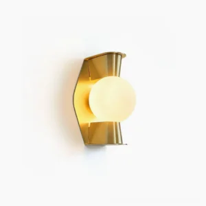 Gale Globe Wall Sconce with illuminated frosted glass orb and polished brass metal frame, frontal studio view showing warm halo light effect