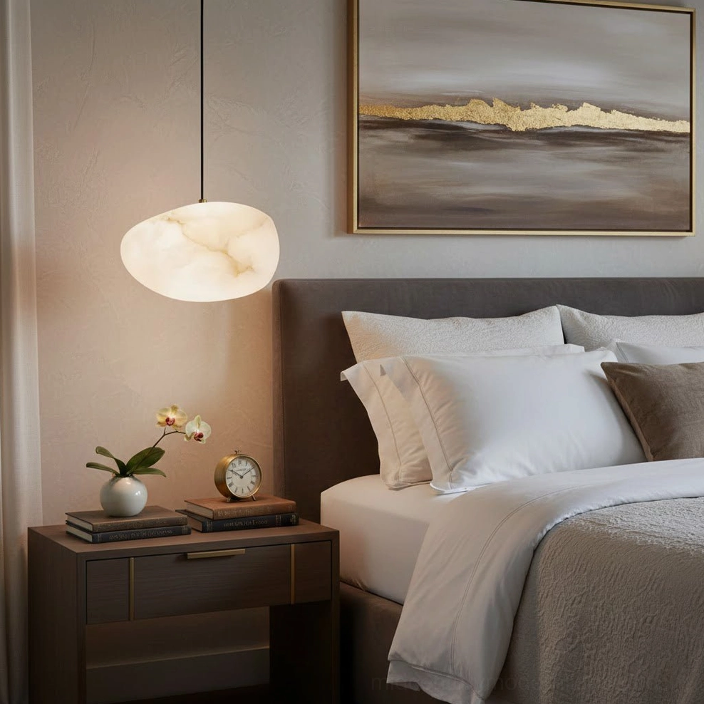 Galet alabaster pendant lamp creating warm ambient lighting in cozy modern bedroom
