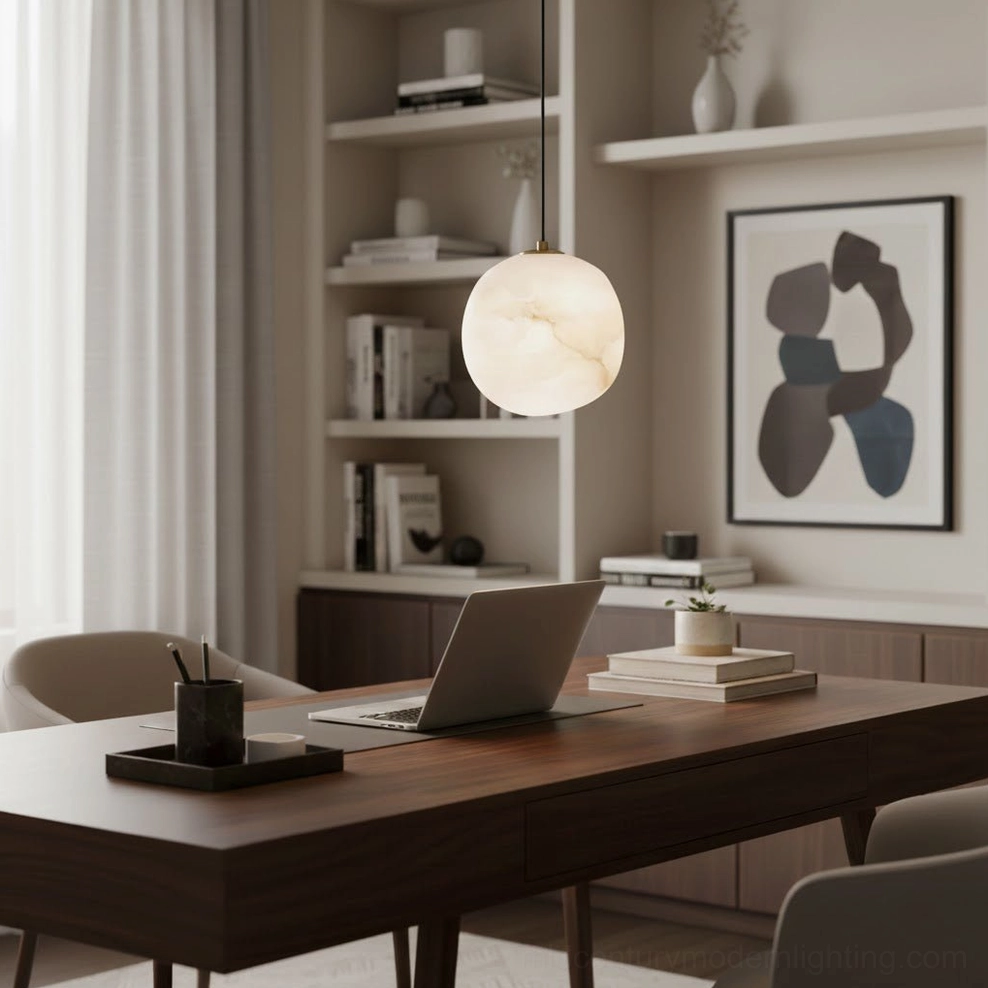 Galet spherical alabaster pendant lamp in modern home office workspace