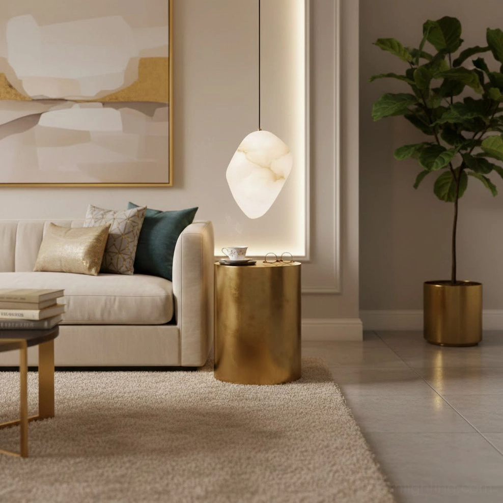 Single Galet alabaster pendant with natural stone texture in modern minimalist living space
