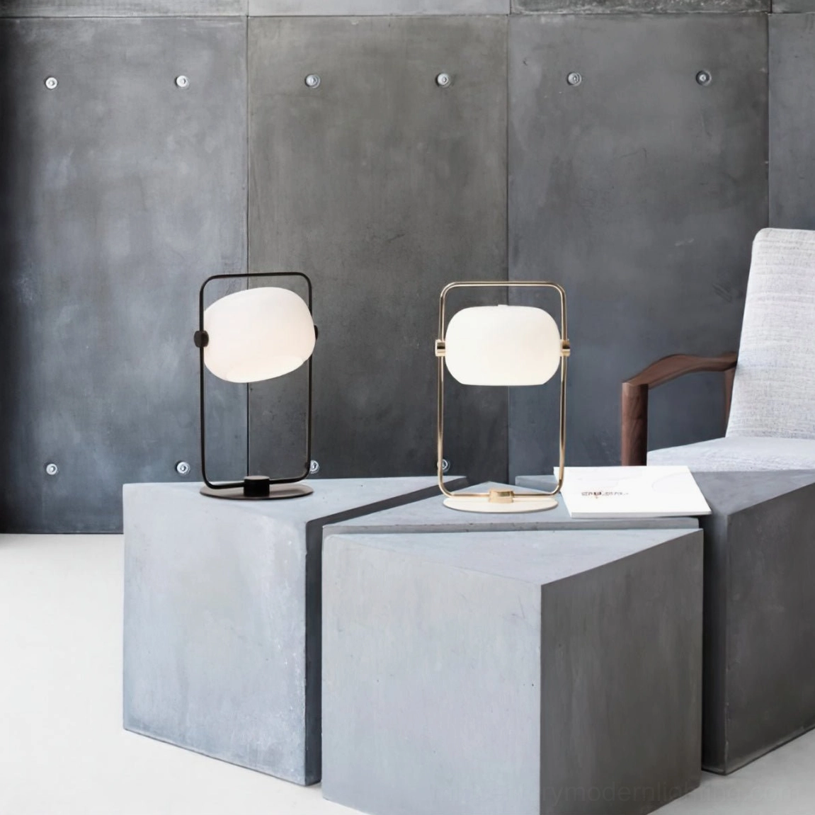 Black and gold table lamps together, contemporary minimalist design in industrial modern space