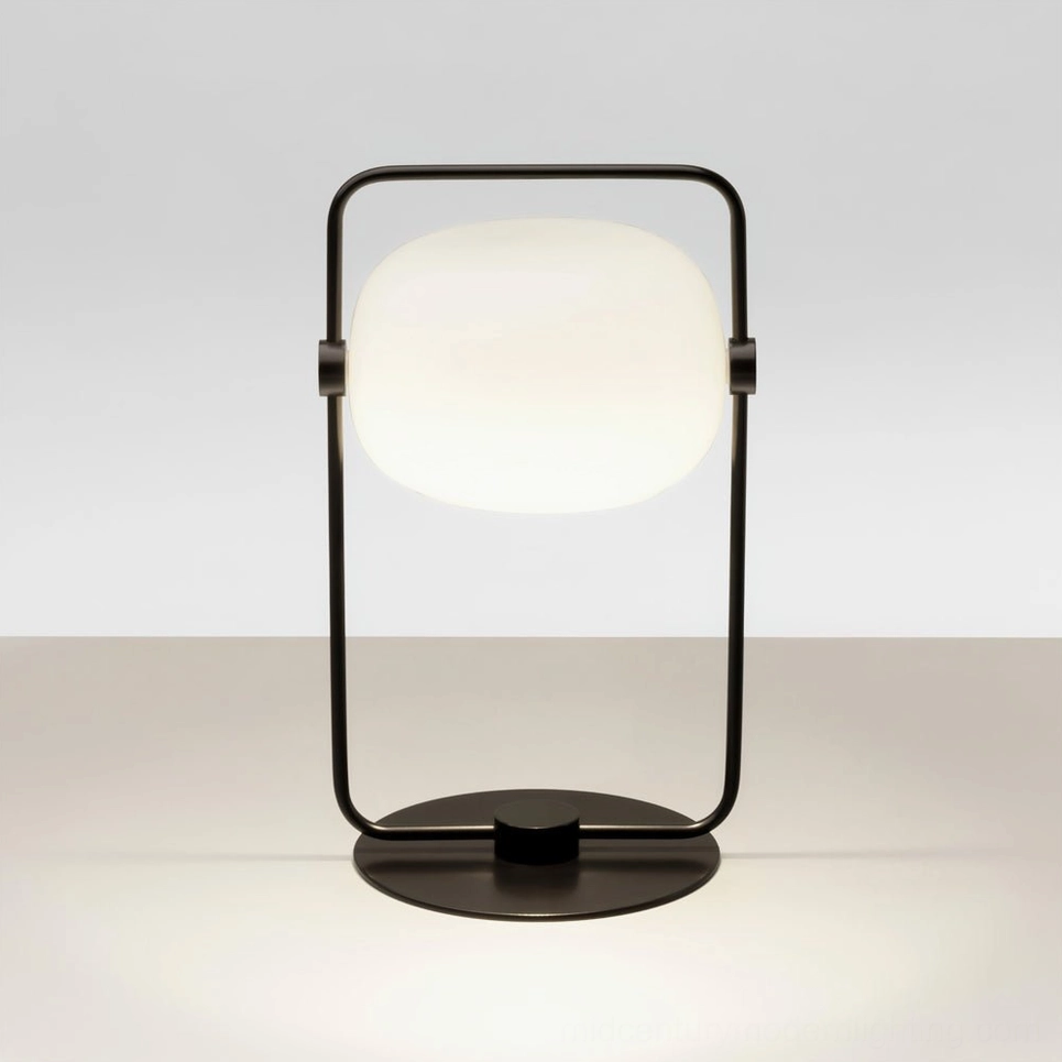 Modern black geometric table lamp with open rectangular metal frame and glass shade, three-quarter view