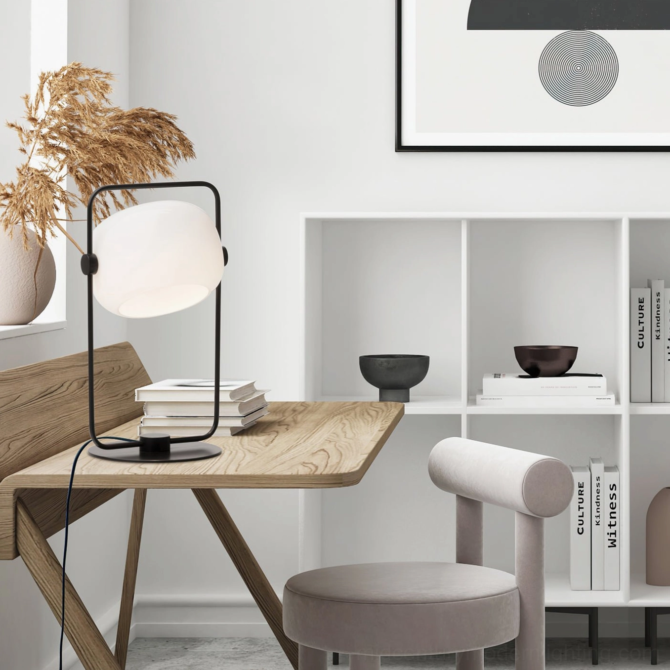Nordic minimalist black table lamp on home study desk, side profile with neutral decor