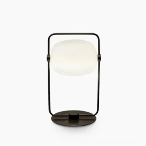 Galet minimalist black metal table lamp with frosted glass shade, front studio view on white background