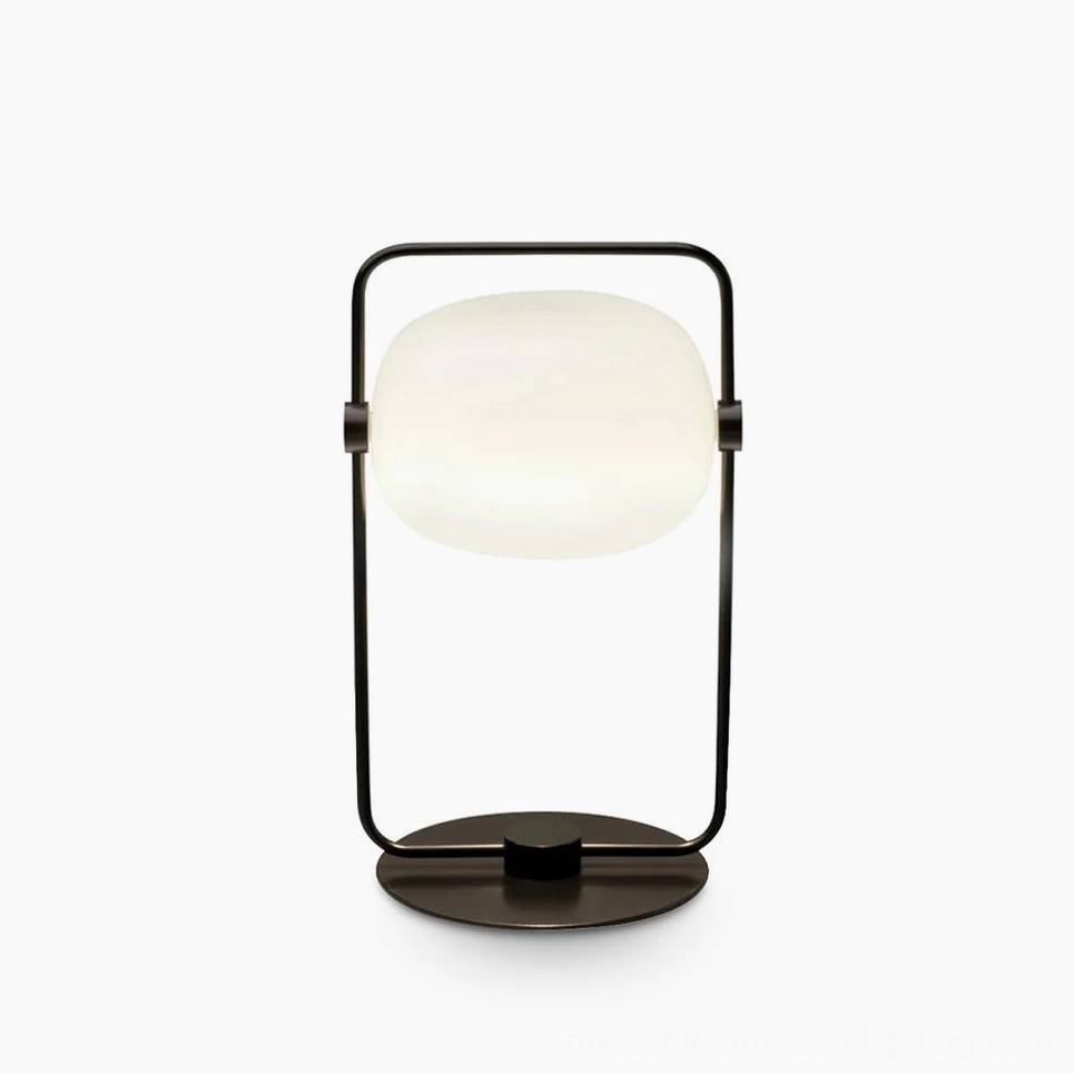 Galet minimalist black metal table lamp with frosted glass shade, front studio view on white background