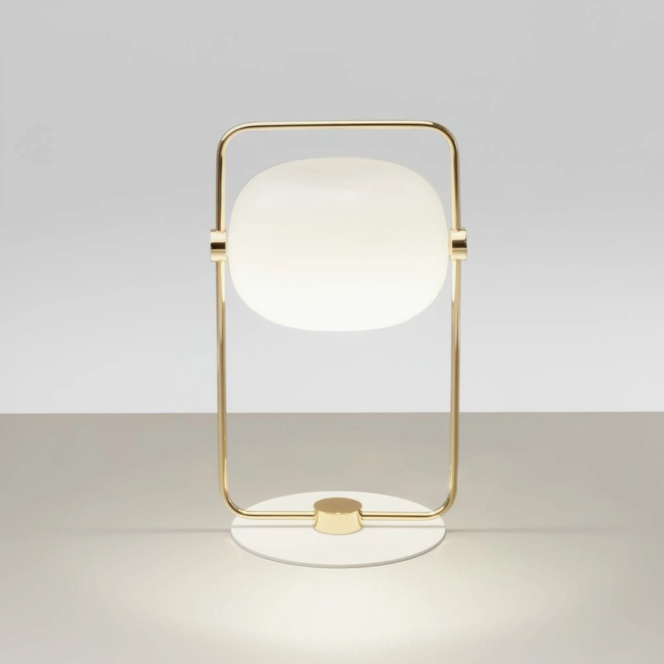Gold minimalist table lamp with frosted glass shade on warm gray background, front view