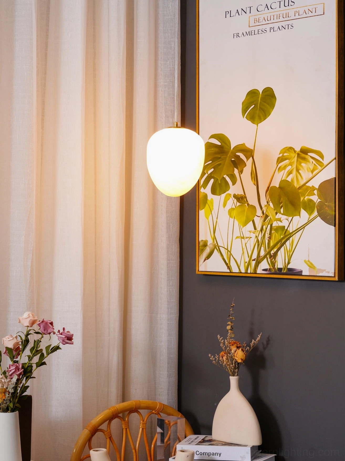 Galet Model B tall alabaster pendant with vertical pebble silhouette