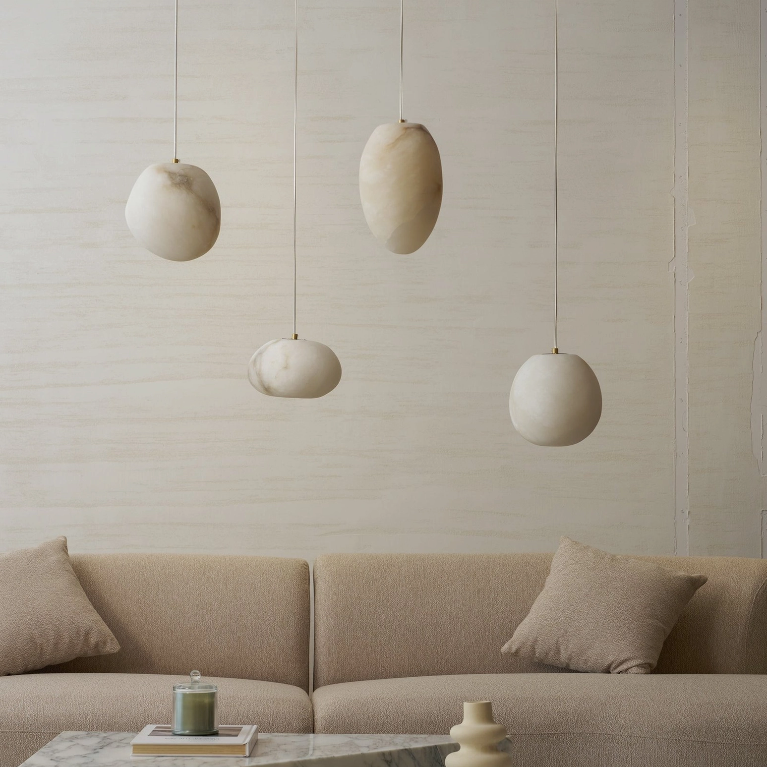 Galet alabaster pendant mounted on ceiling showing installation profile