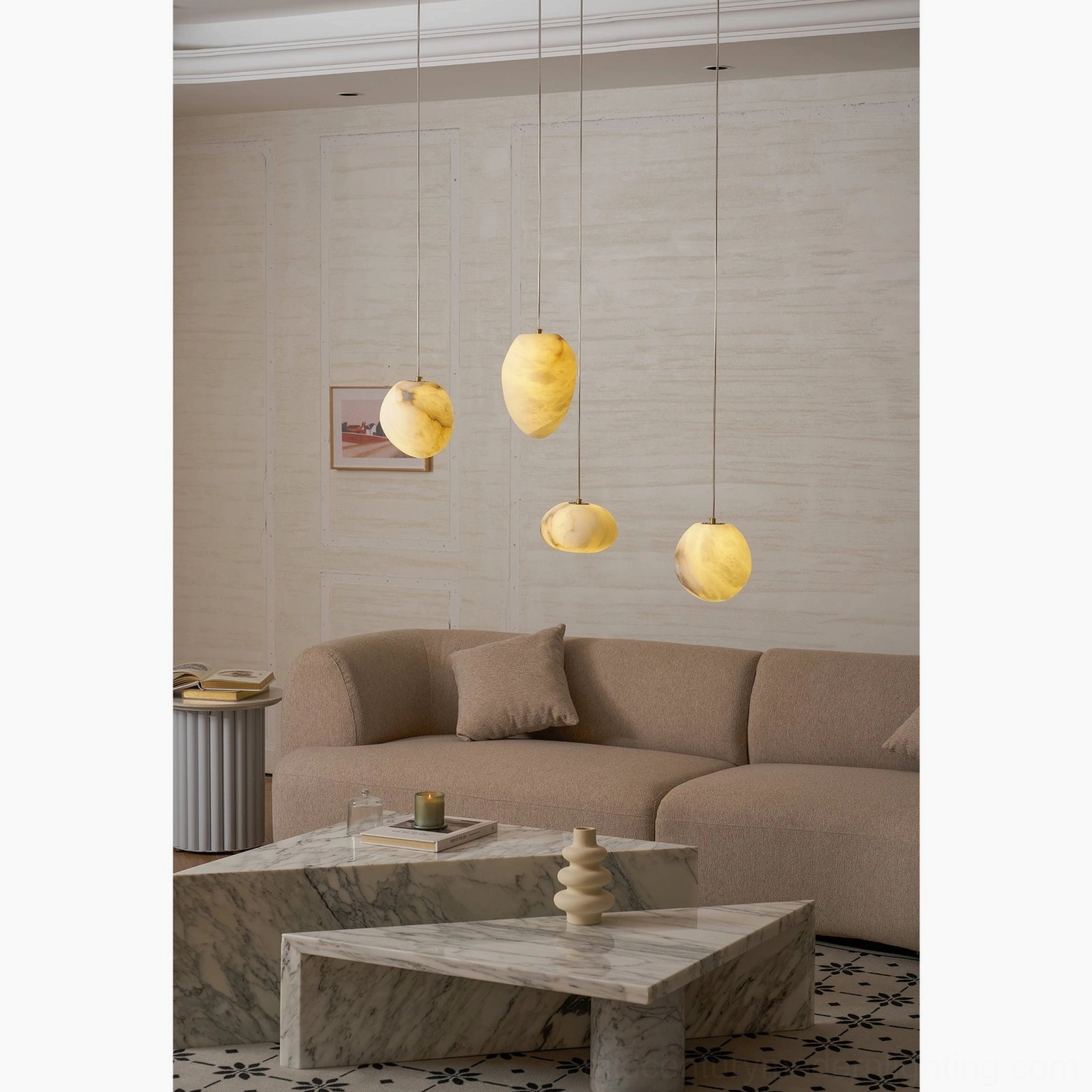 Galet alabaster pendant backlit against wall showcasing translucency