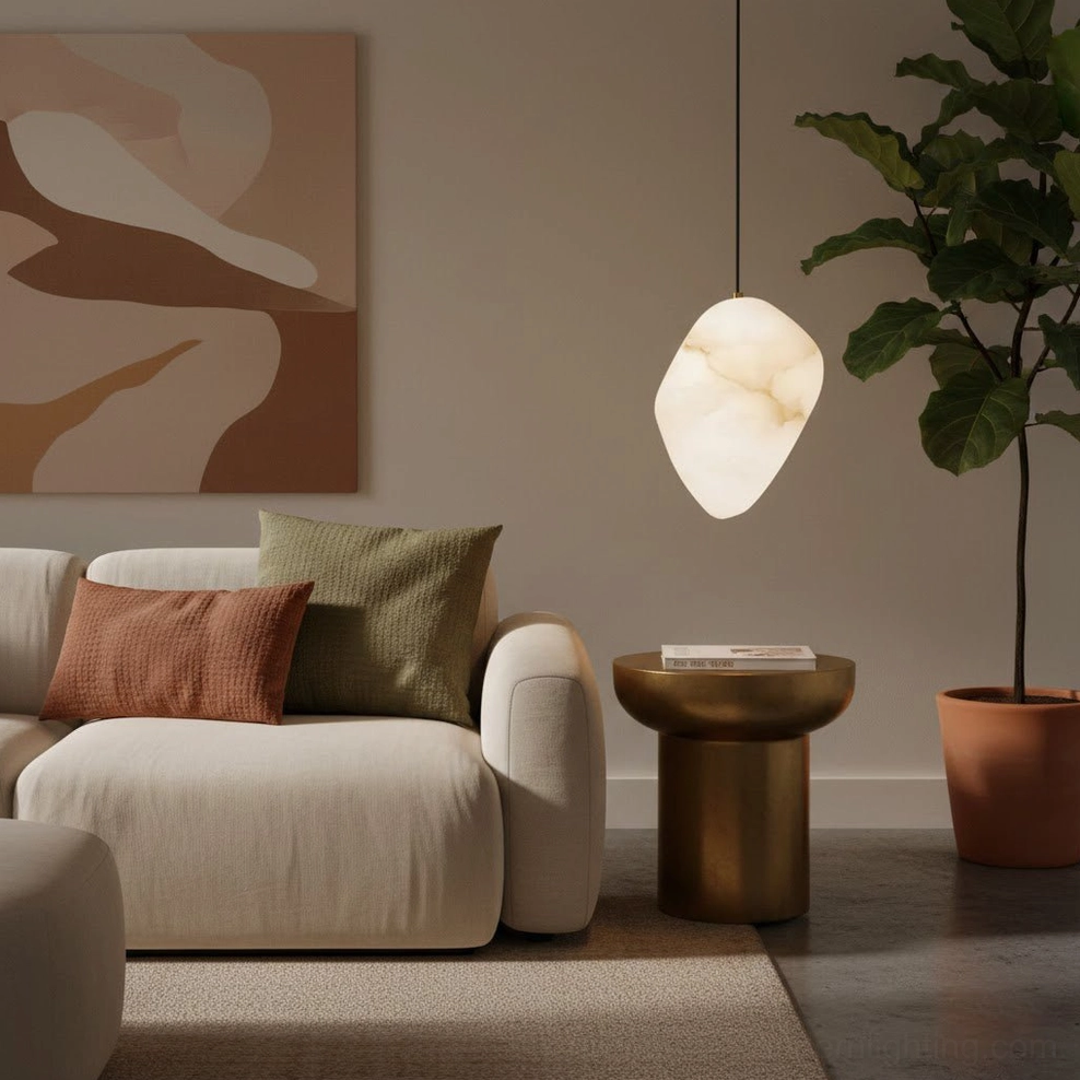 Galet alabaster pendant with organic asymmetric form in minimalist living room with potted plant