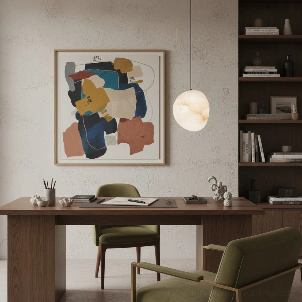 Galet alabaster pendant installed above dining table in contemporary interior