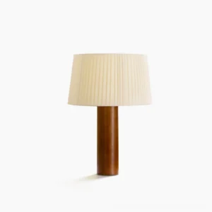 Gallissa mid-century modern wooden table lamp with pleated beige fabric shade on white studio background, front view