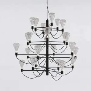 Gand chandelier close-up detail showing layered metal arms and glass shades