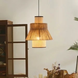 Tiered boho rattan pendant light three-quarter view vintage entryway setting