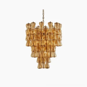 Garrick Hourglass Chandelier with amber hand-poured glass prisms on white studio background