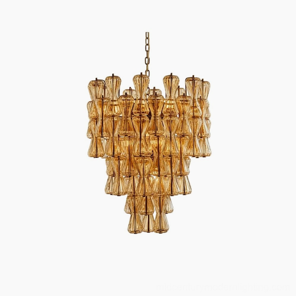 Garrick Hourglass Chandelier with amber hand-poured glass prisms on white studio background