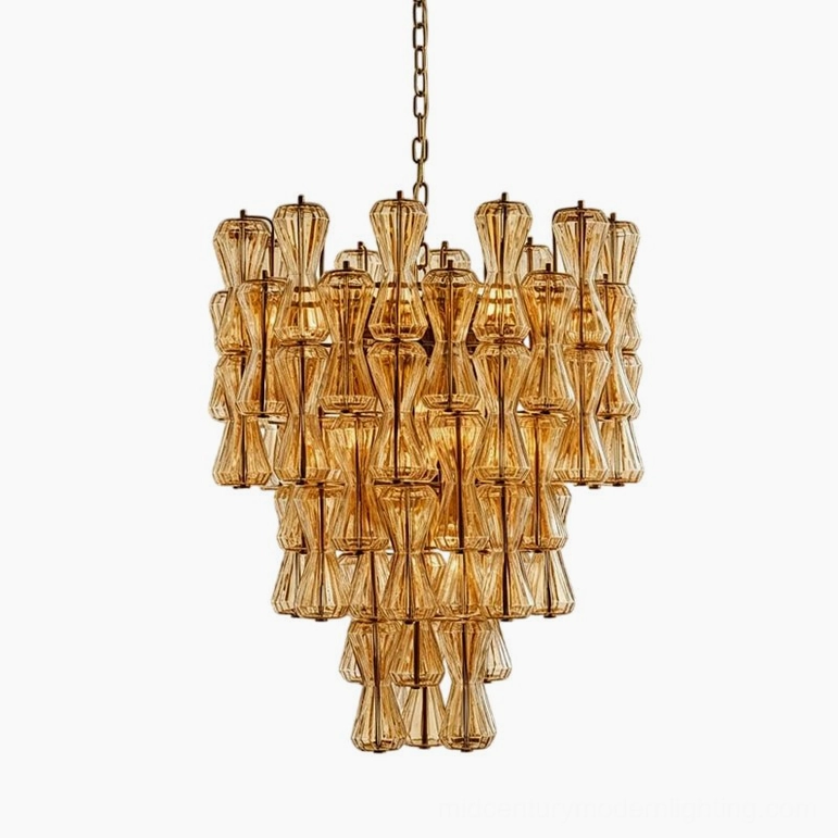 Amber glass Garrick Hourglass Chandelier with gold metal frame mid-century lighting