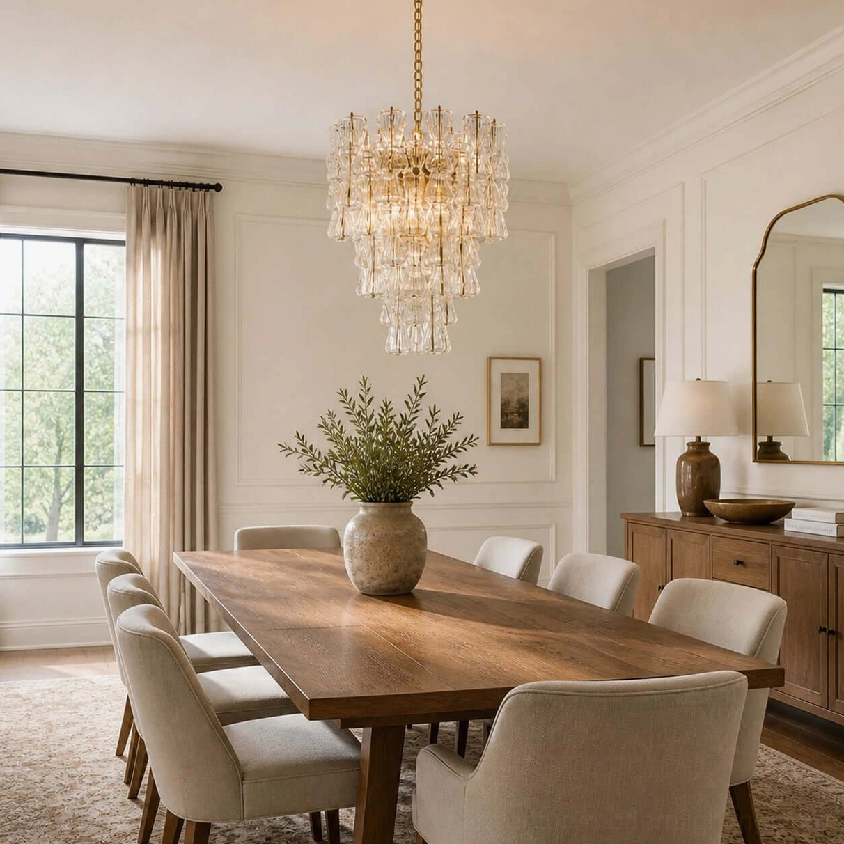 Clear tiered crystal Garrick Hourglass Chandelier in formal American dining room setting