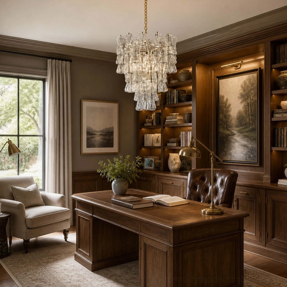 Garrick Hourglass Chandelier with clear glass prisms in wood-paneled traditional home office