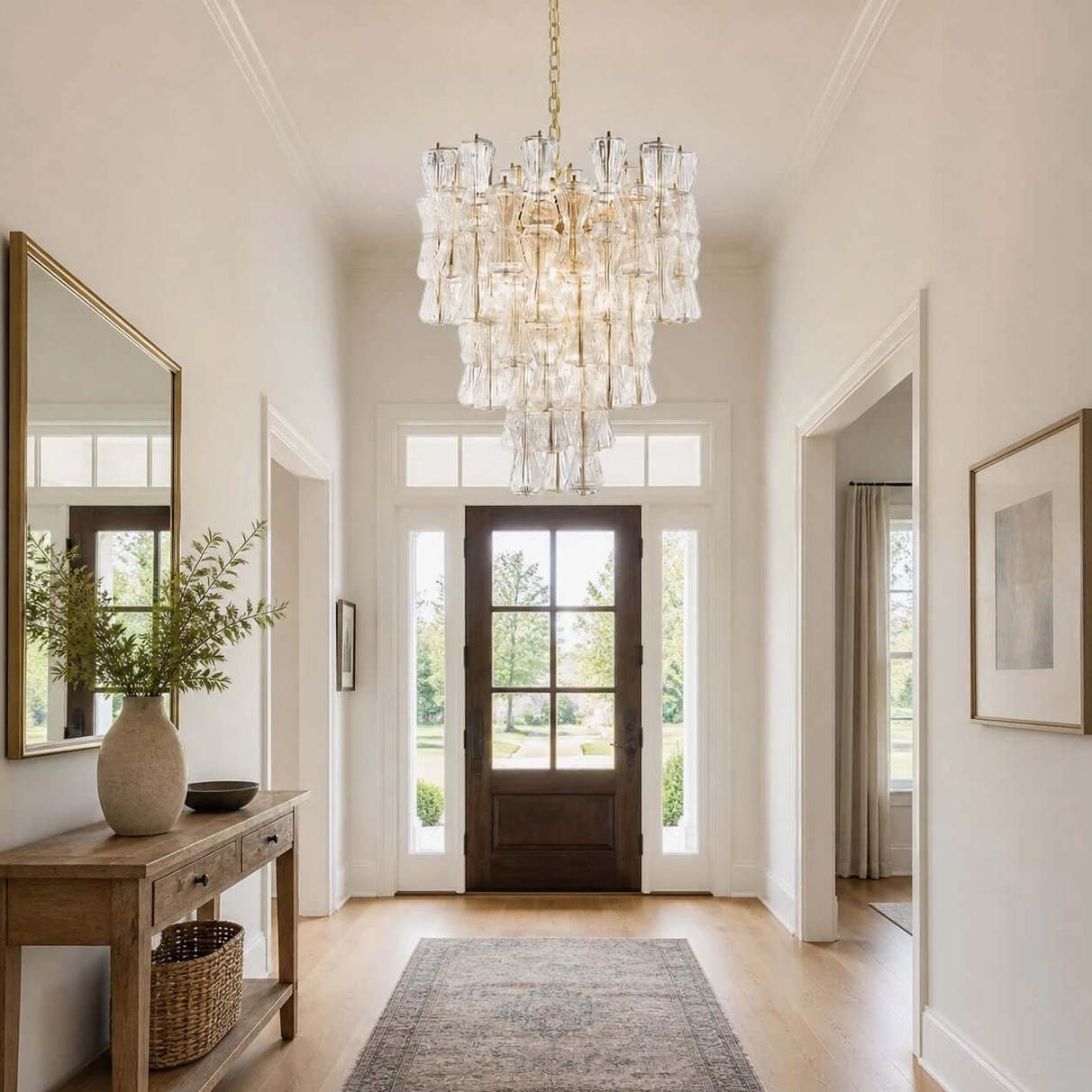 Clear tiered hourglass chandelier in neutral luxury entryway with console table and minimalist decor